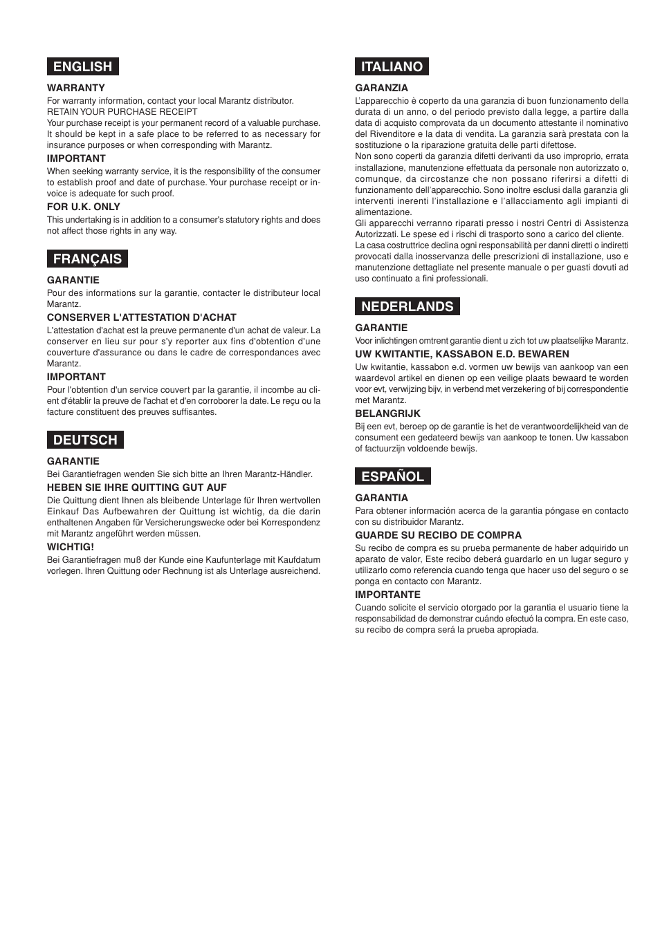 English, Français, Deutsch | Italiano, Nederlands, Español | Marantz SR-12S1N User Manual | Page 2 / 58