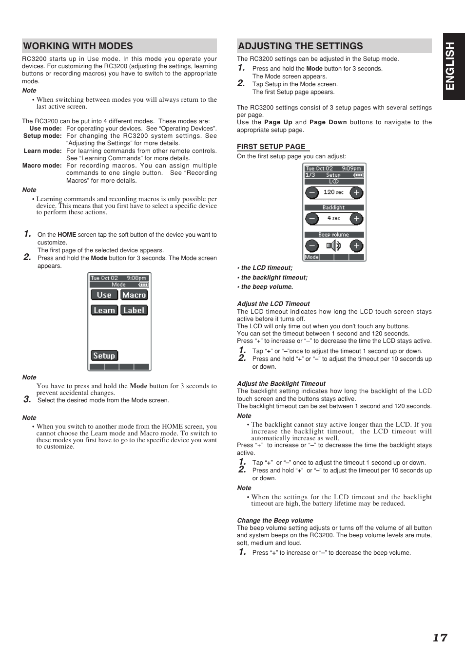 17 english, Working with modes, Adjusting the settings | Marantz SR-12S1N User Manual | Page 20 / 58