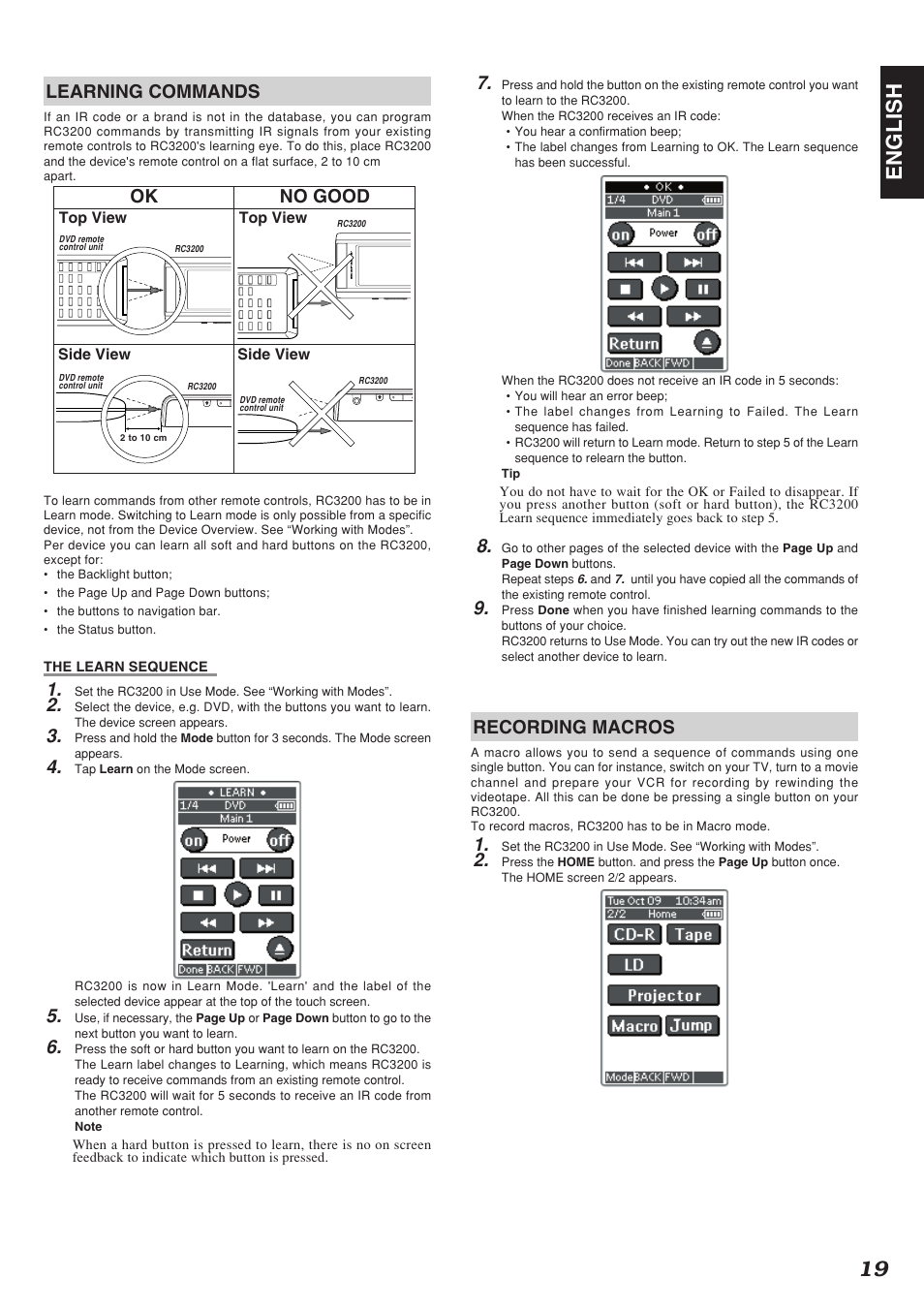 19 english, Learning commands, Recording macros | No good, Side view, Side view top view top view | Marantz SR-12S1N User Manual | Page 22 / 58