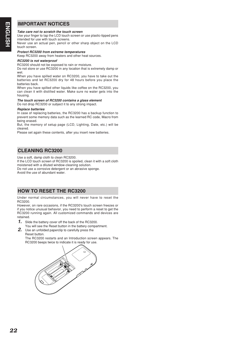 22 english, Important notices, Cleaning rc3200 | How to reset the rc3200 | Marantz SR-12S1N User Manual | Page 25 / 58
