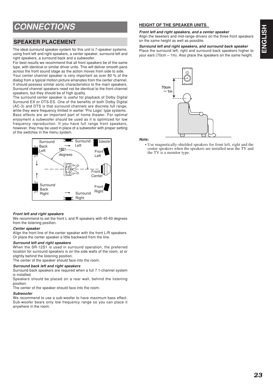 Connections, 23 english, Speaker placement | Marantz SR-12S1N User Manual | Page 26 / 58