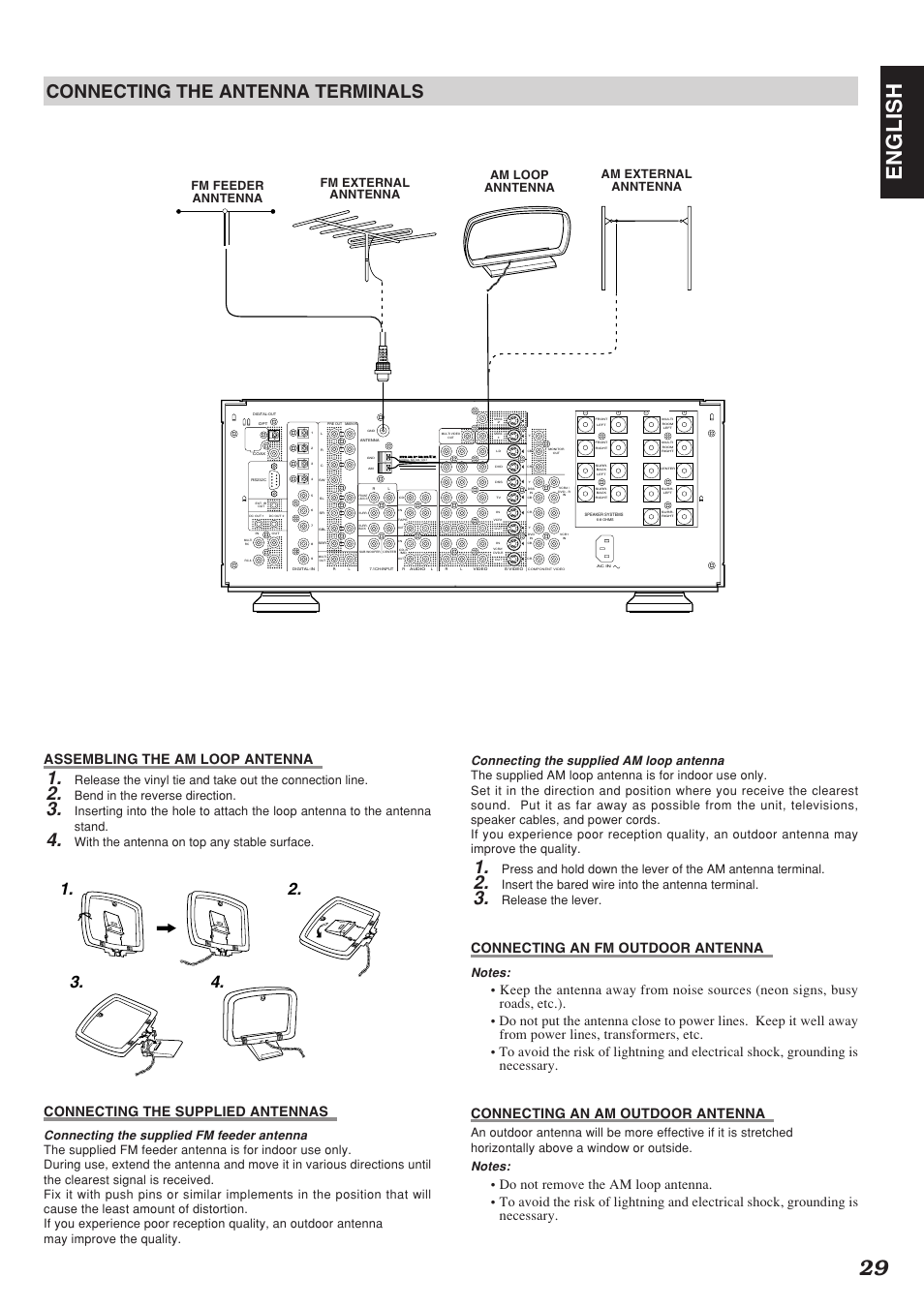 29 english, Connecting the antenna terminals, Assembling the am loop antenna | Connecting the supplied antennas, Connecting an fm outdoor antenna, Connecting the supplied fm feeder antenna, Connecting the supplied am loop antenna, Bend in the reverse direction, With the antenna on top any stable surface, Insert the bared wire into the antenna terminal | Marantz SR-12S1N User Manual | Page 32 / 58