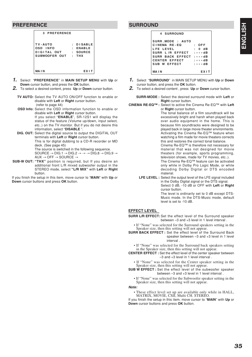 35 english, Preference 1, Surround 1 | Marantz SR-12S1N User Manual | Page 38 / 58