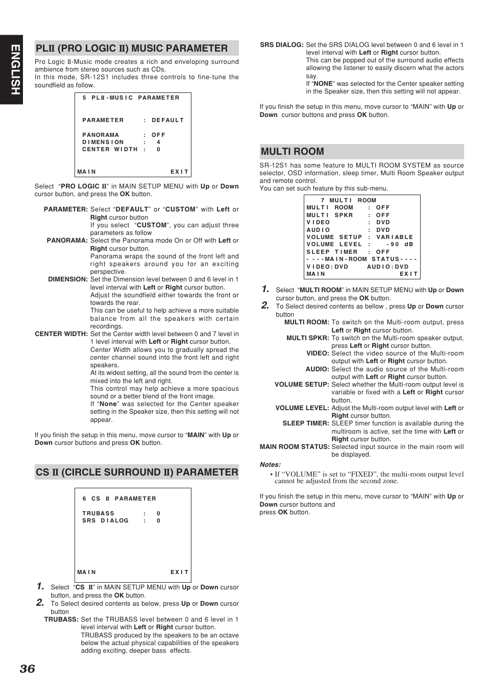 36 english, Plii (pro logic ii) music parameter, Cs ii (circle surround ii) parameter 1 | Multi room | Marantz SR-12S1N User Manual | Page 39 / 58