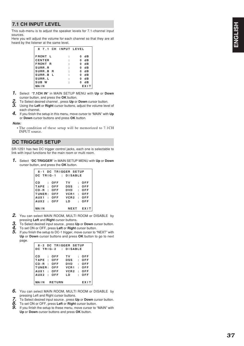 37 english, 1 ch input level, Dc trigger setup | Marantz SR-12S1N User Manual | Page 40 / 58