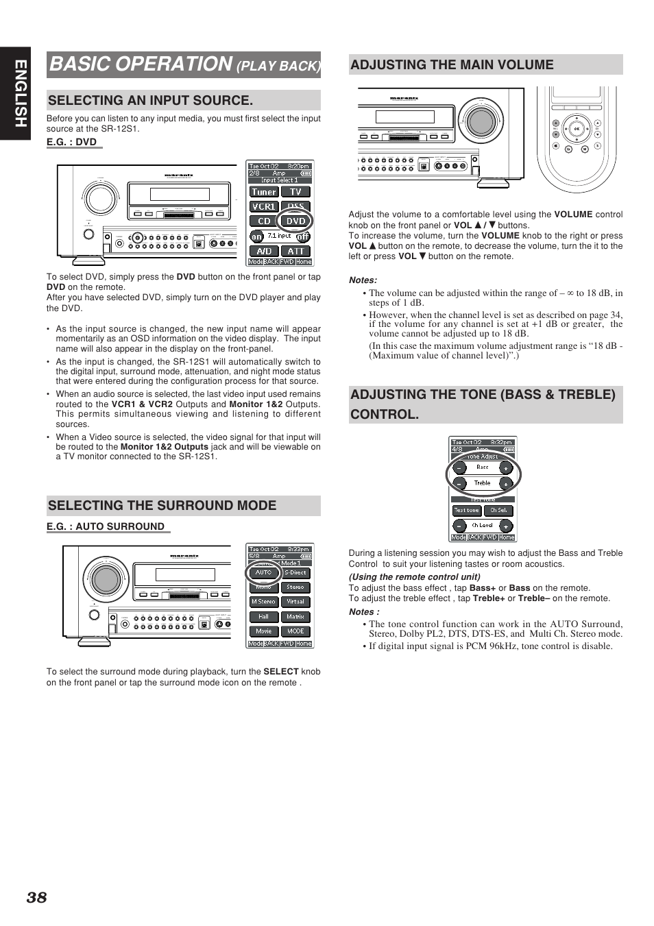 Basic operation, 38 english, Play back) selecting an input source | Selecting the surround mode, Adjusting the main volume, Adjusting the tone (bass & treble) control | Marantz SR-12S1N User Manual | Page 41 / 58