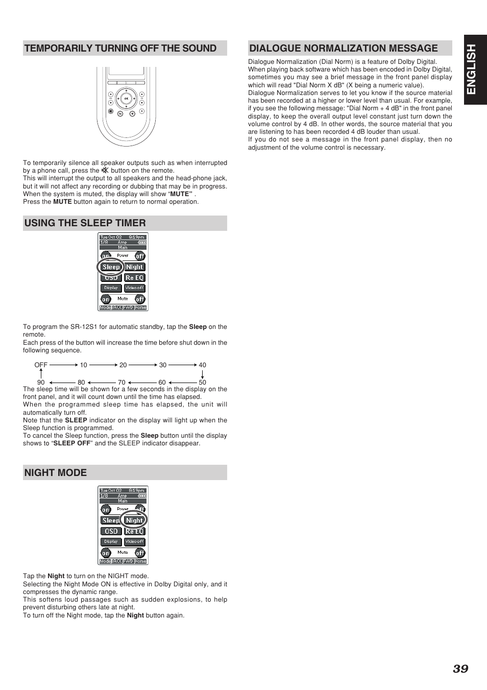 39 english, Temporarily turning off the sound, Using the sleep timer | Night mode, Dialogue normalization message | Marantz SR-12S1N User Manual | Page 42 / 58