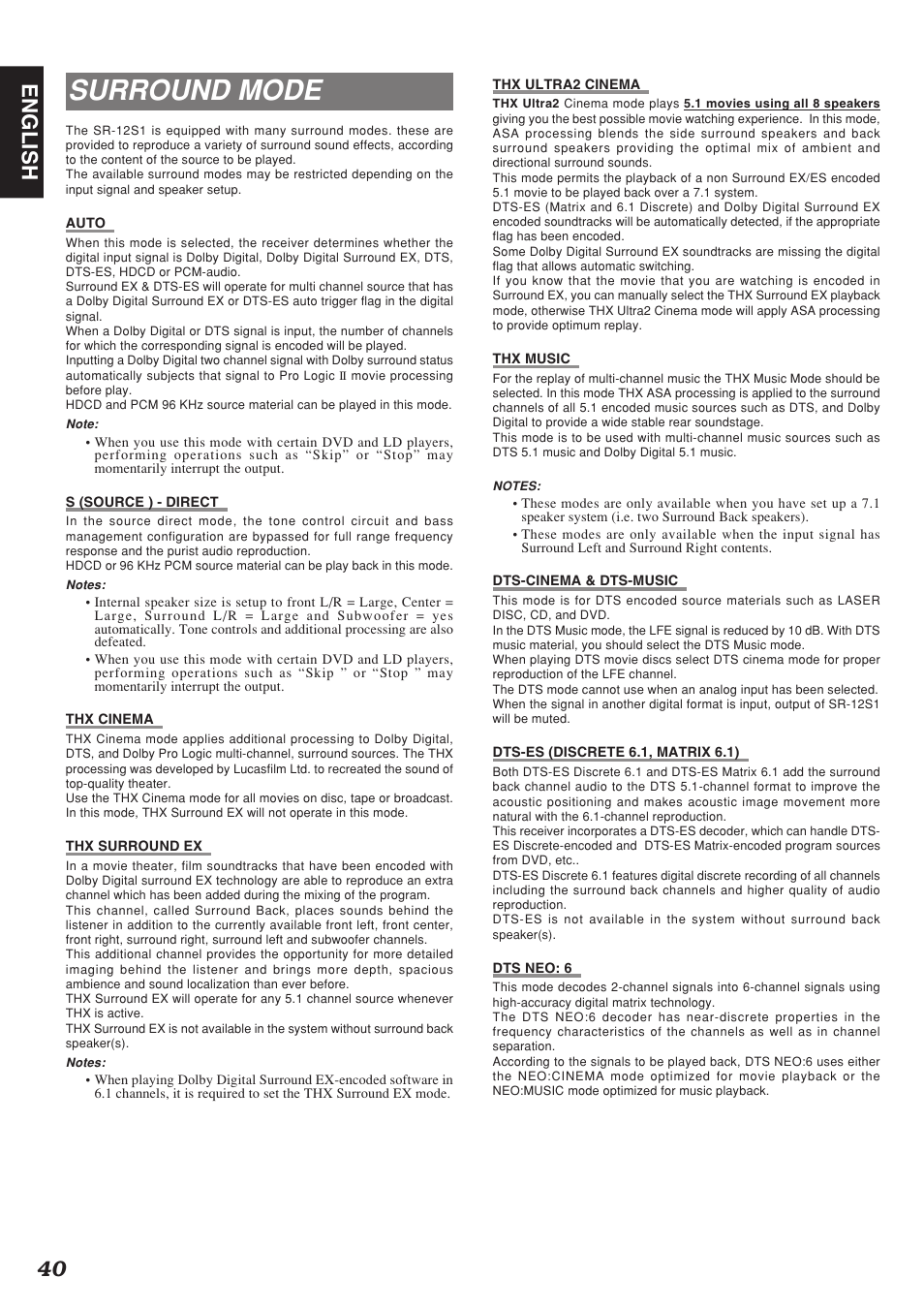 Surround mode, 40 english | Marantz SR-12S1N User Manual | Page 43 / 58