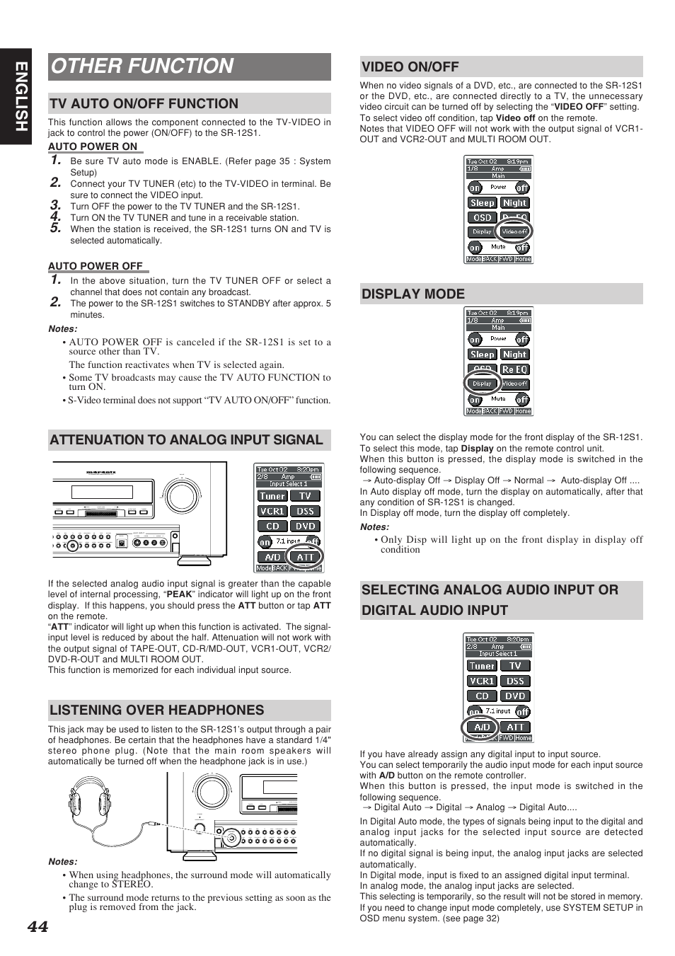 Other function, 44 english, Tv auto on/off function | Attenuation to analog input signal, Listening over headphones, Video on/off, Display mode | Marantz SR-12S1N User Manual | Page 47 / 58