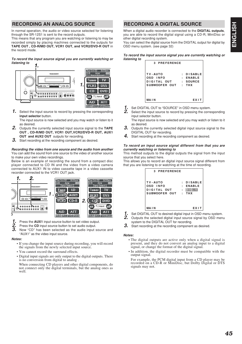 45 english, Recording an analog source, Recording a digital source | Marantz SR-12S1N User Manual | Page 48 / 58