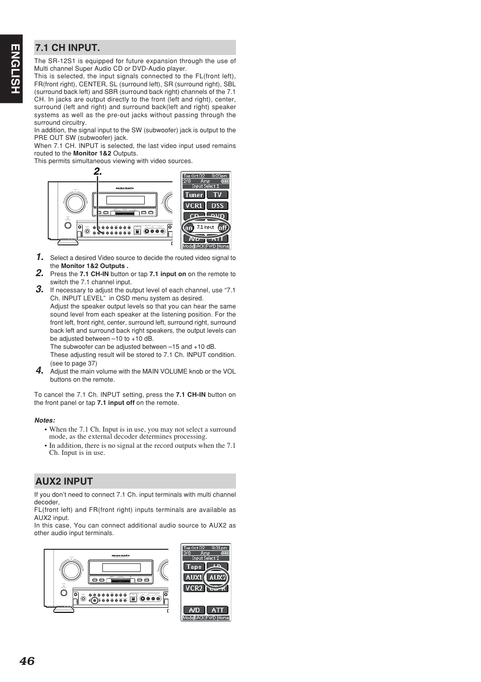 46 english, 1 ch input, Aux2 input | Marantz SR-12S1N User Manual | Page 49 / 58