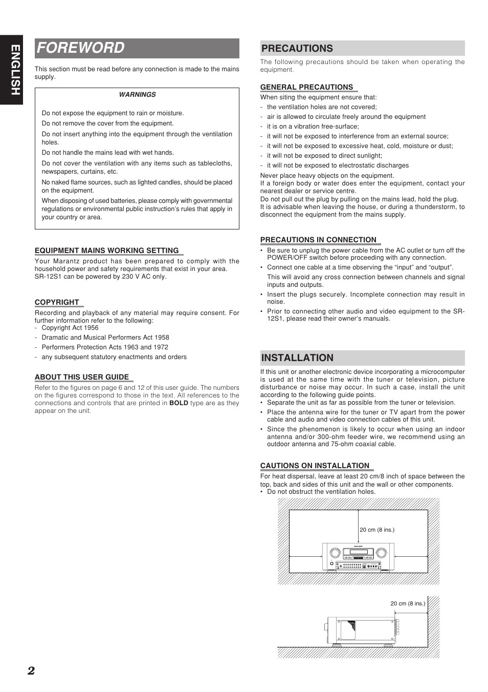 Foreword, 2english, Precautions | Installation | Marantz SR-12S1N User Manual | Page 5 / 58
