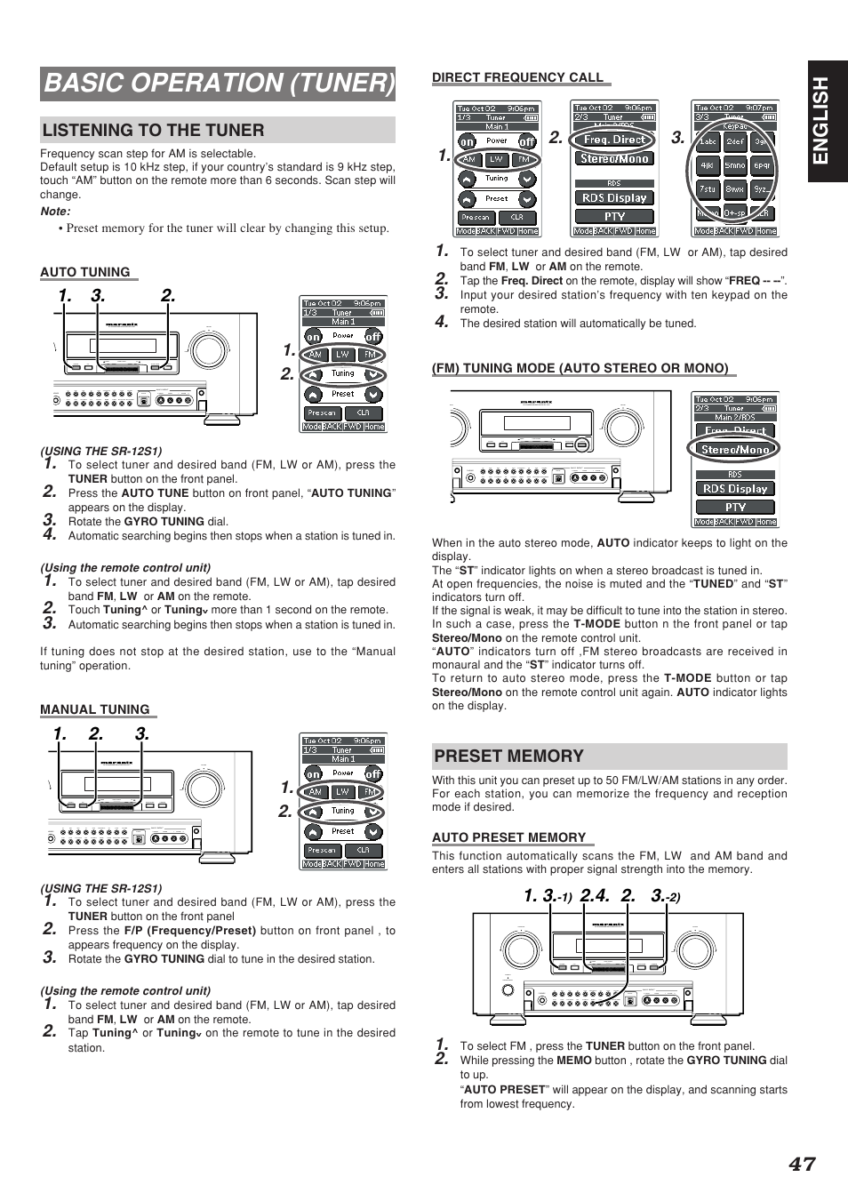 Basic operation (tuner), 47 english, Listening to the tuner | Marantz SR-12S1N User Manual | Page 50 / 58