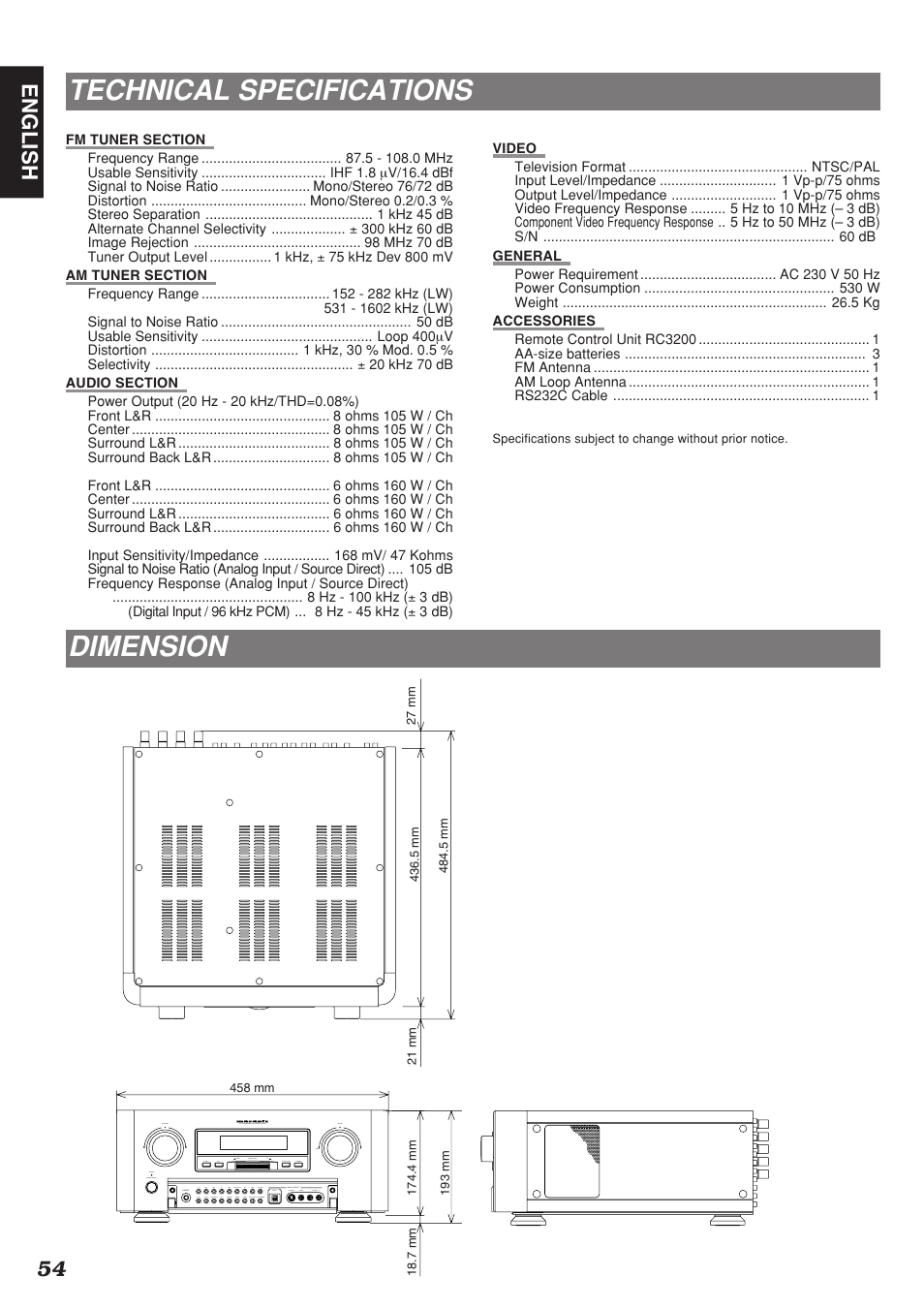 Technical specifications, Dimension, 54 english | Marantz SR-12S1N User Manual | Page 57 / 58