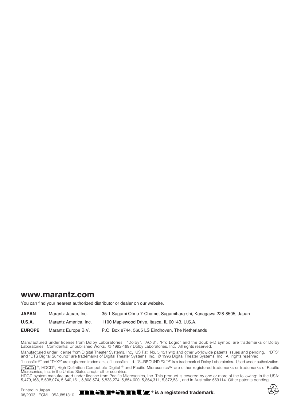 Is a registered trademark | Marantz SR-12S1N User Manual | Page 58 / 58