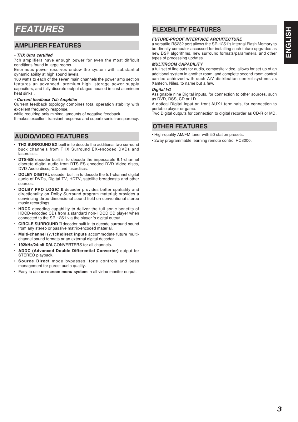 Features, 3english, Amplifier features | Audio/video features, Flexbility features, Other features | Marantz SR-12S1N User Manual | Page 6 / 58