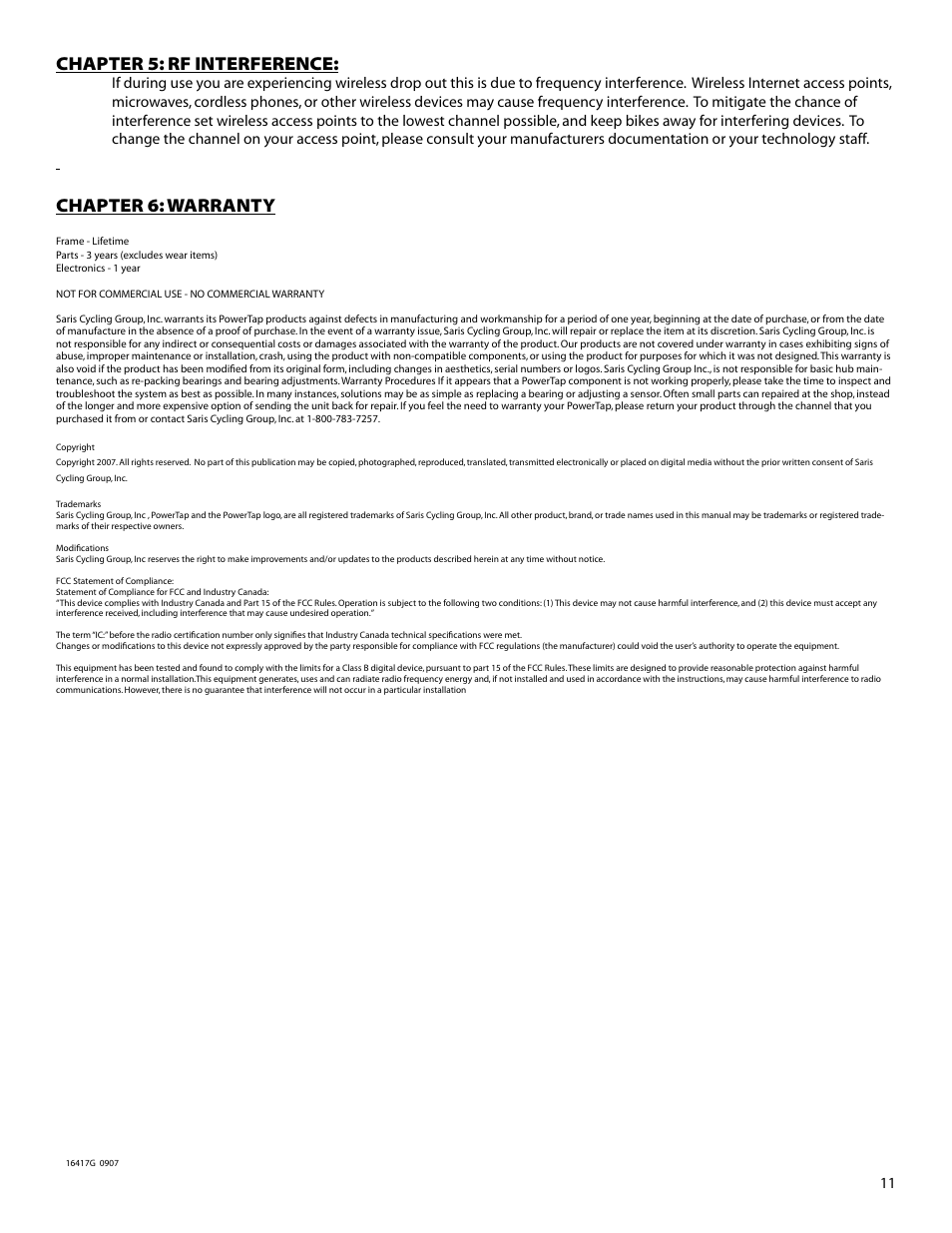 Chapter 5: rf interference, Chapter 6: warranty | CycleOps Comp 200E User Manual | Page 12 / 12