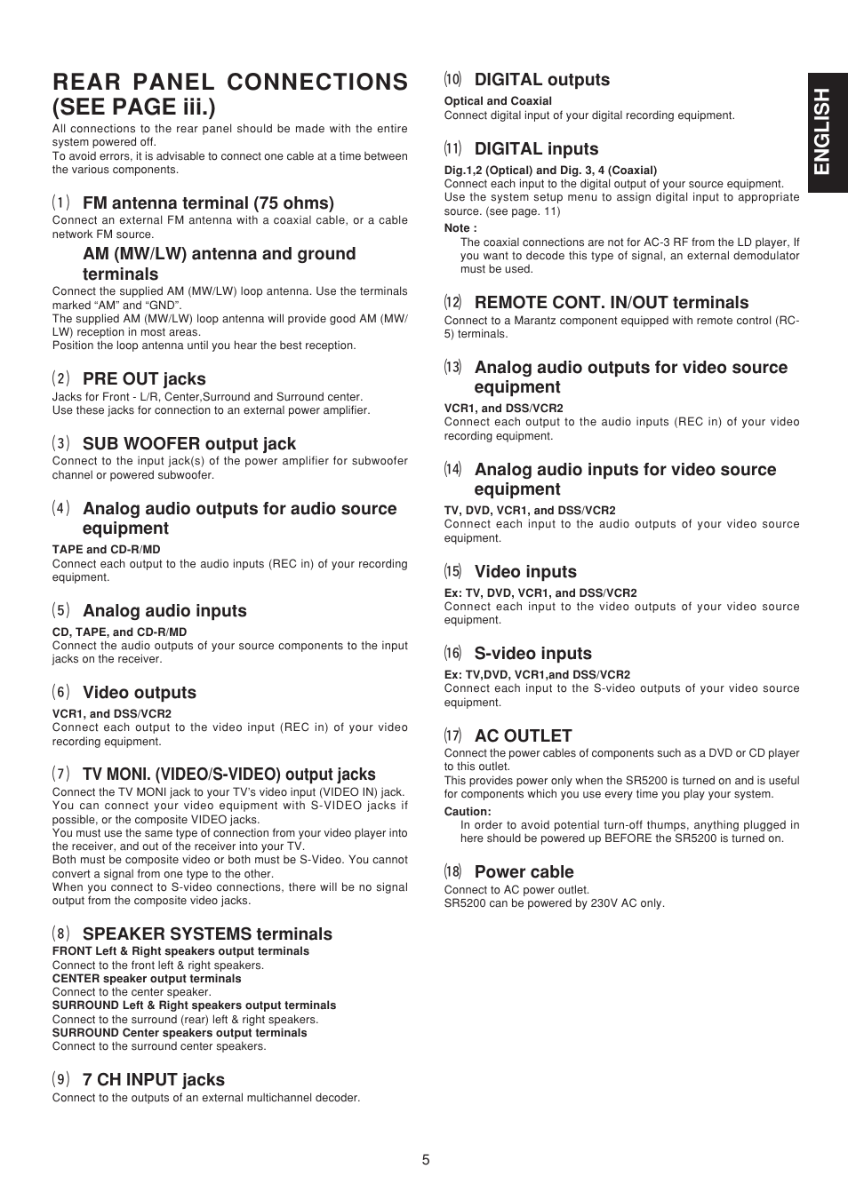 Rear panel connections (see page iii.), English | Marantz SR5200N User Manual | Page 11 / 34