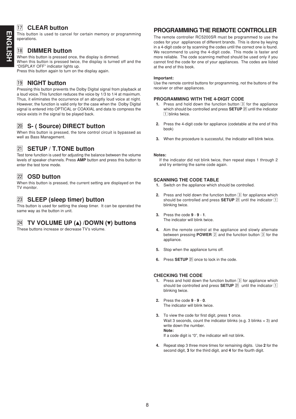 English, 7 clear button, 8 dimmer button | 9 night button, 0 s- ( source) direct button, 1 setup / t.tone button, 2 osd button, 3 sleep (sleep timer) button, 4 tv volume up ( ) /down ( ) buttons, Programming the remote controller | Marantz SR5200N User Manual | Page 14 / 34