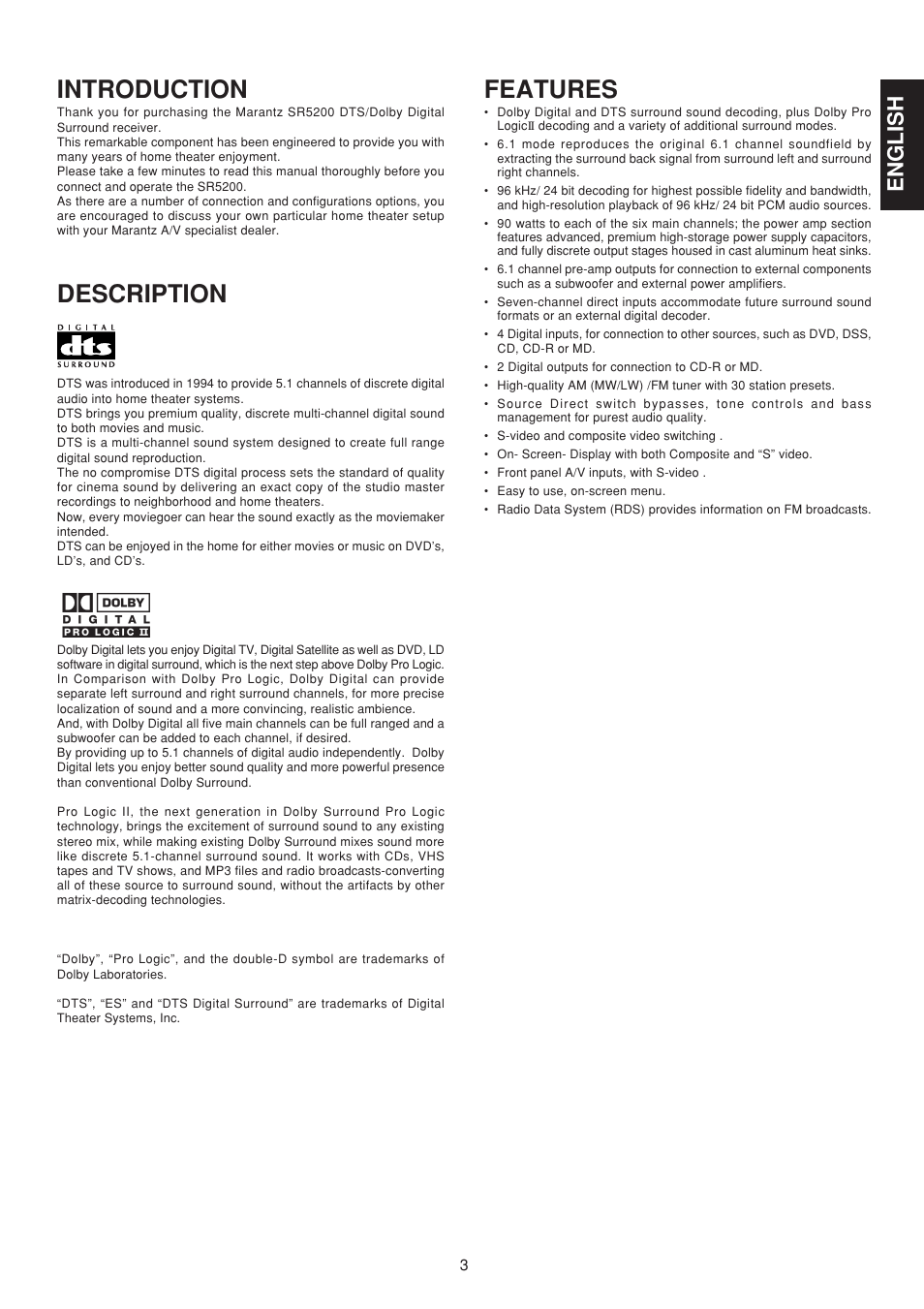 Introduction, Description, Features | English | Marantz SR5200N User Manual | Page 9 / 34