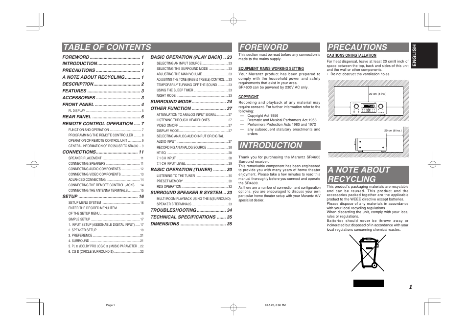 Table of contents foreword, Introduction, Precautions | Marantz SR4600N User Manual | Page 5 / 43