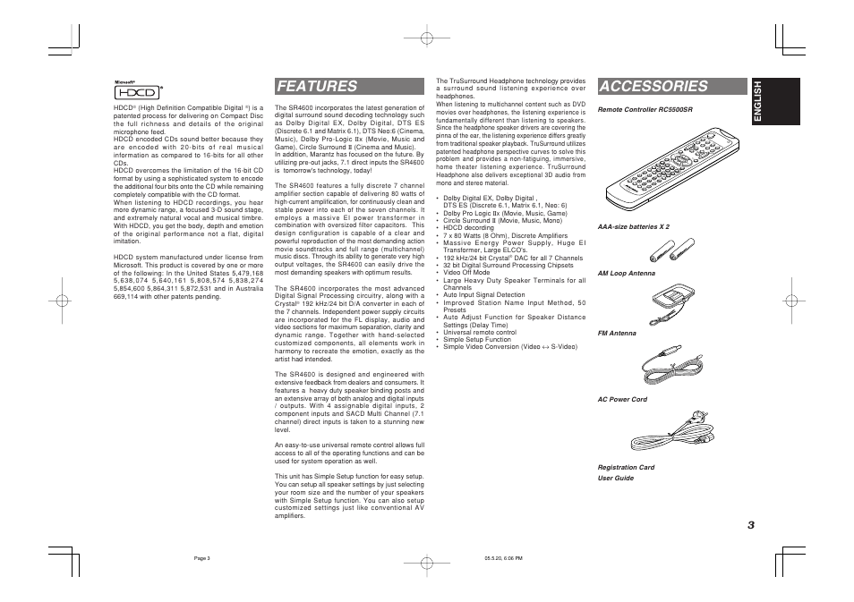 Features, Accessories, Vol. main vol.tv | Marantz SR4600N User Manual | Page 7 / 43