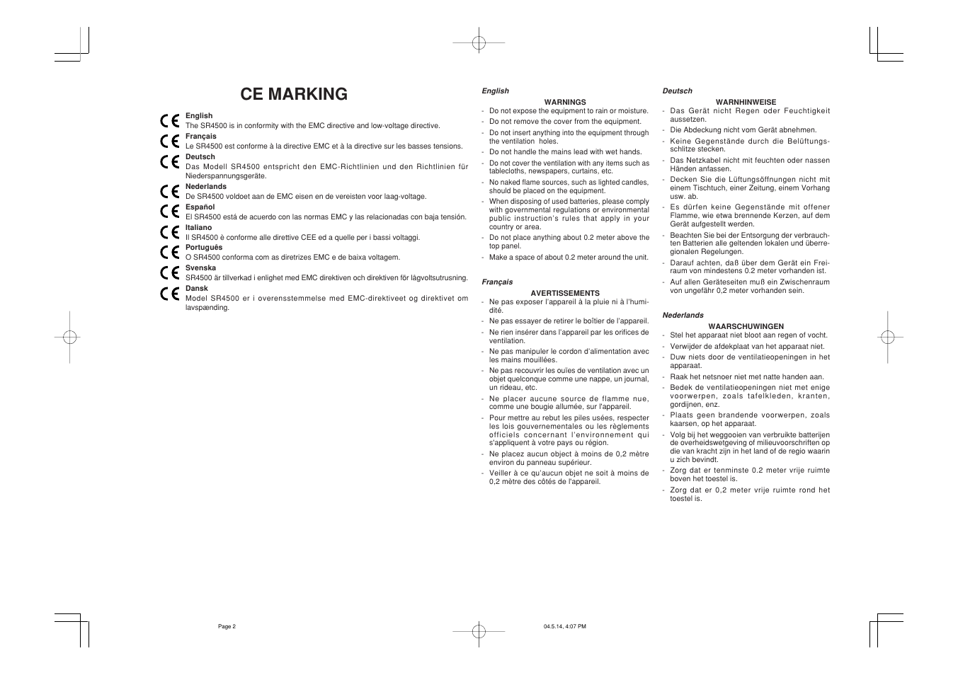 Ce marking | Marantz SR4500N User Manual | Page 3 / 43