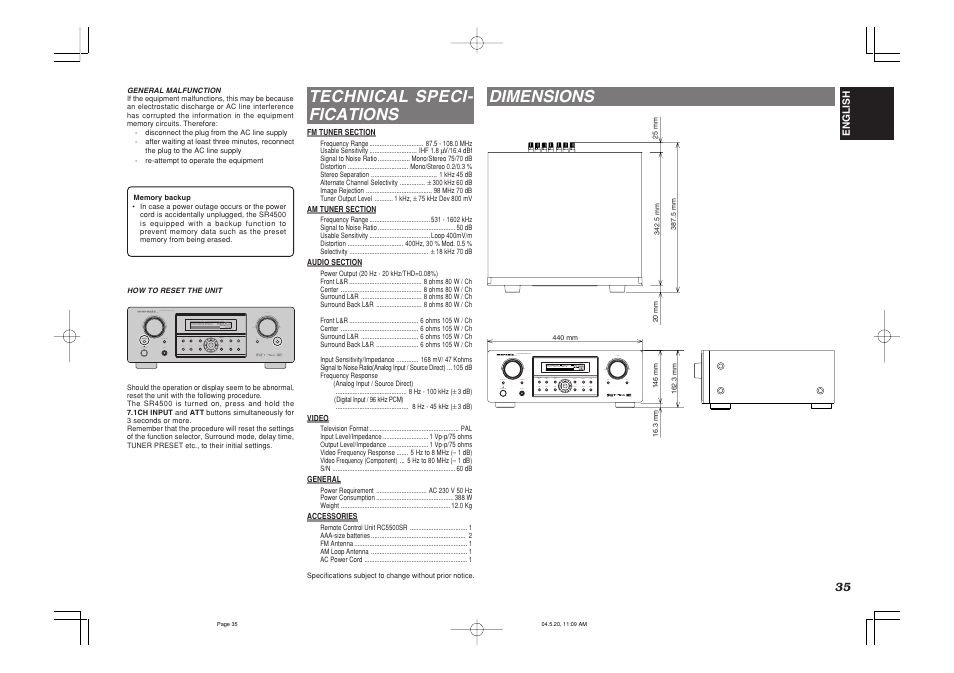 Technical speci- fications, Dimensions | Marantz SR4500N User Manual | Page 39 / 43