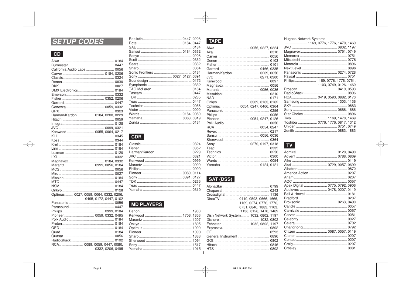 Setup codes | Marantz SR4500N User Manual | Page 40 / 43