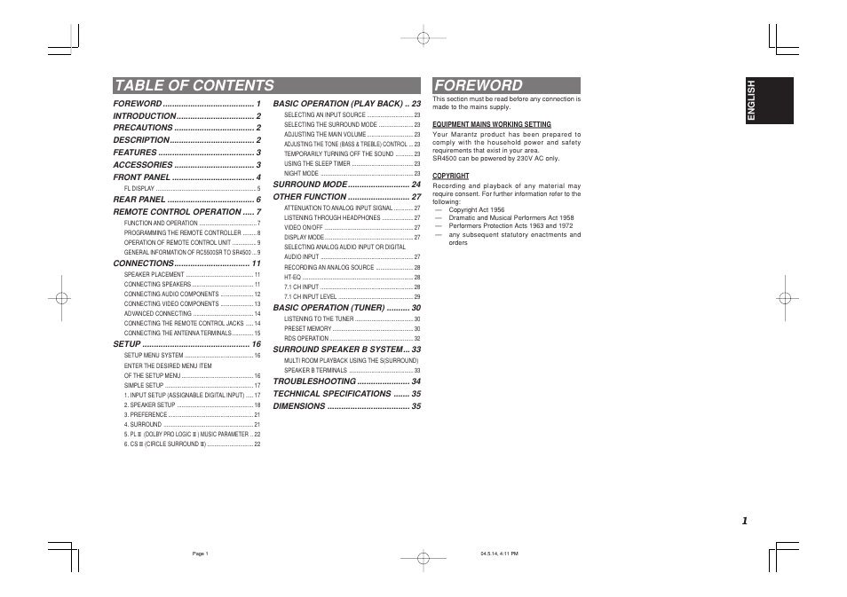 Table of contents foreword | Marantz SR4500N User Manual | Page 5 / 43