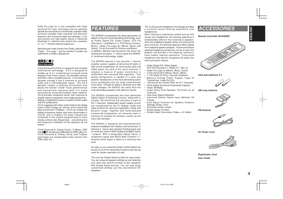 Features, Accessories, Vol. main vol.tv | Marantz SR4500N User Manual | Page 7 / 43