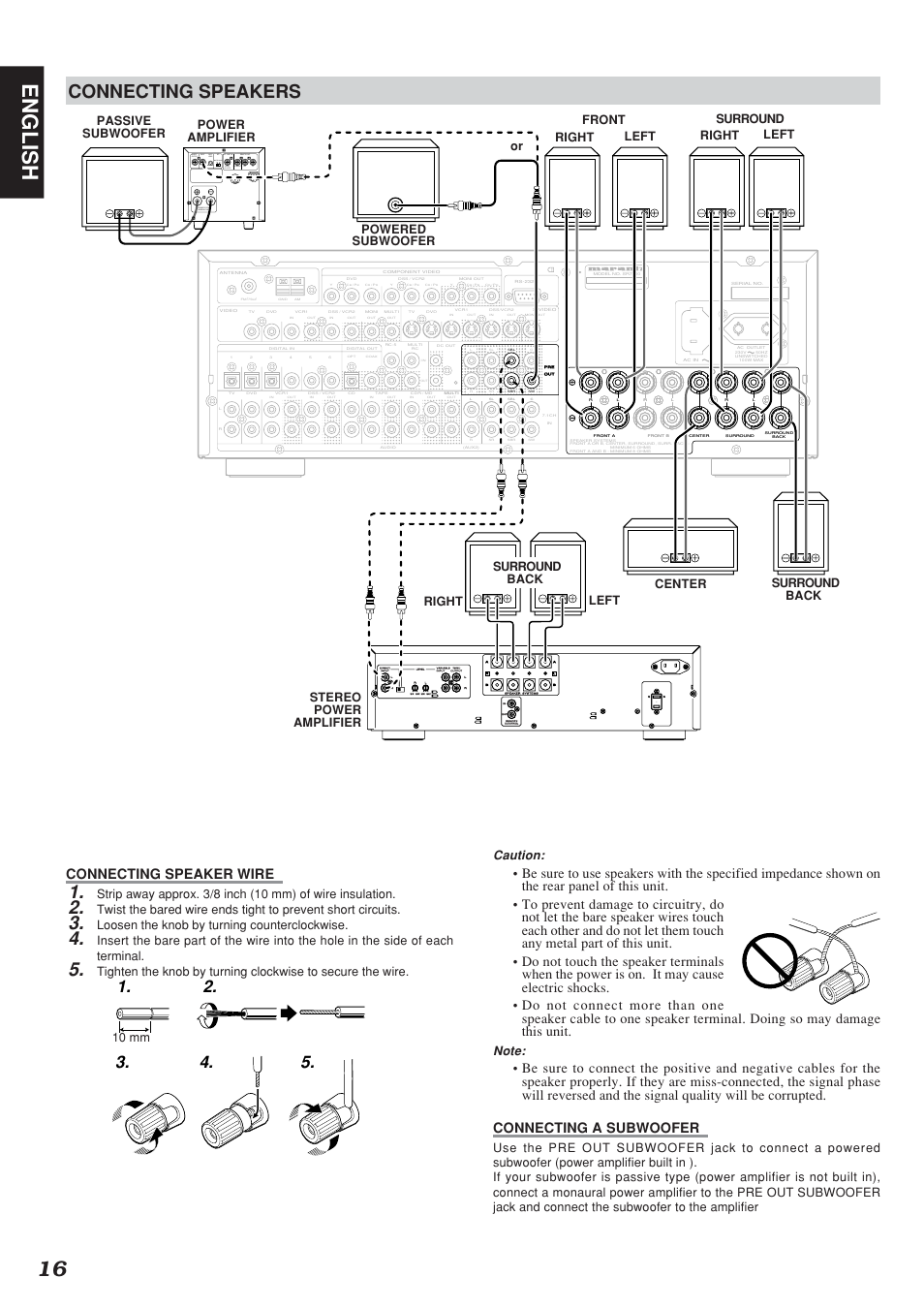 16 english, Connecting speakers, Connecting speaker wire | Caution, Loosen the knob by turning counterclockwise | Marantz SR7300N User Manual | Page 19 / 54