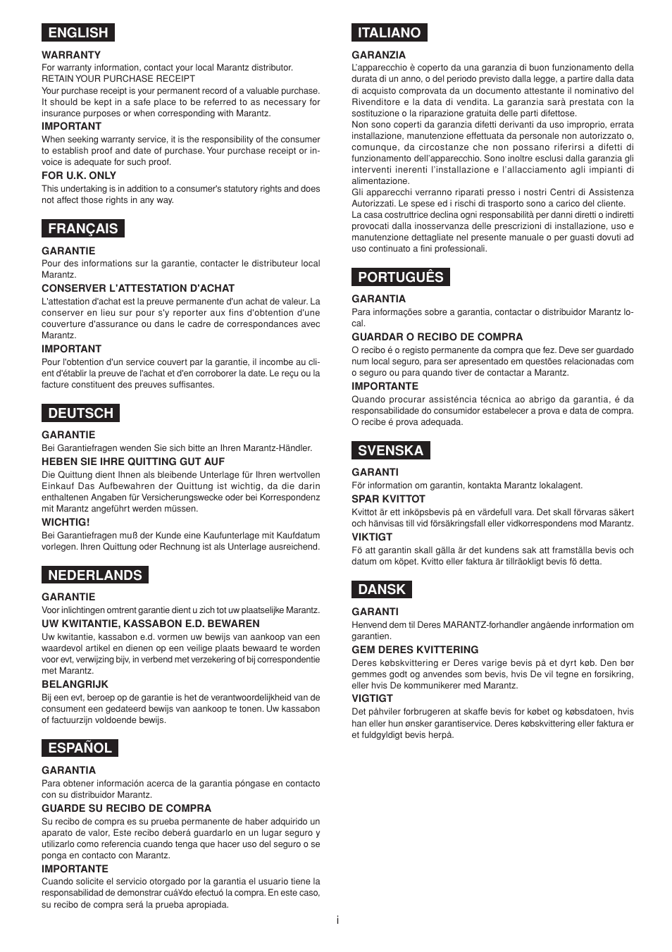 English, Français, Deutsch | Nederlands, Español, Italiano, Português, Svenska, Dansk | Marantz SR7300N User Manual | Page 2 / 54