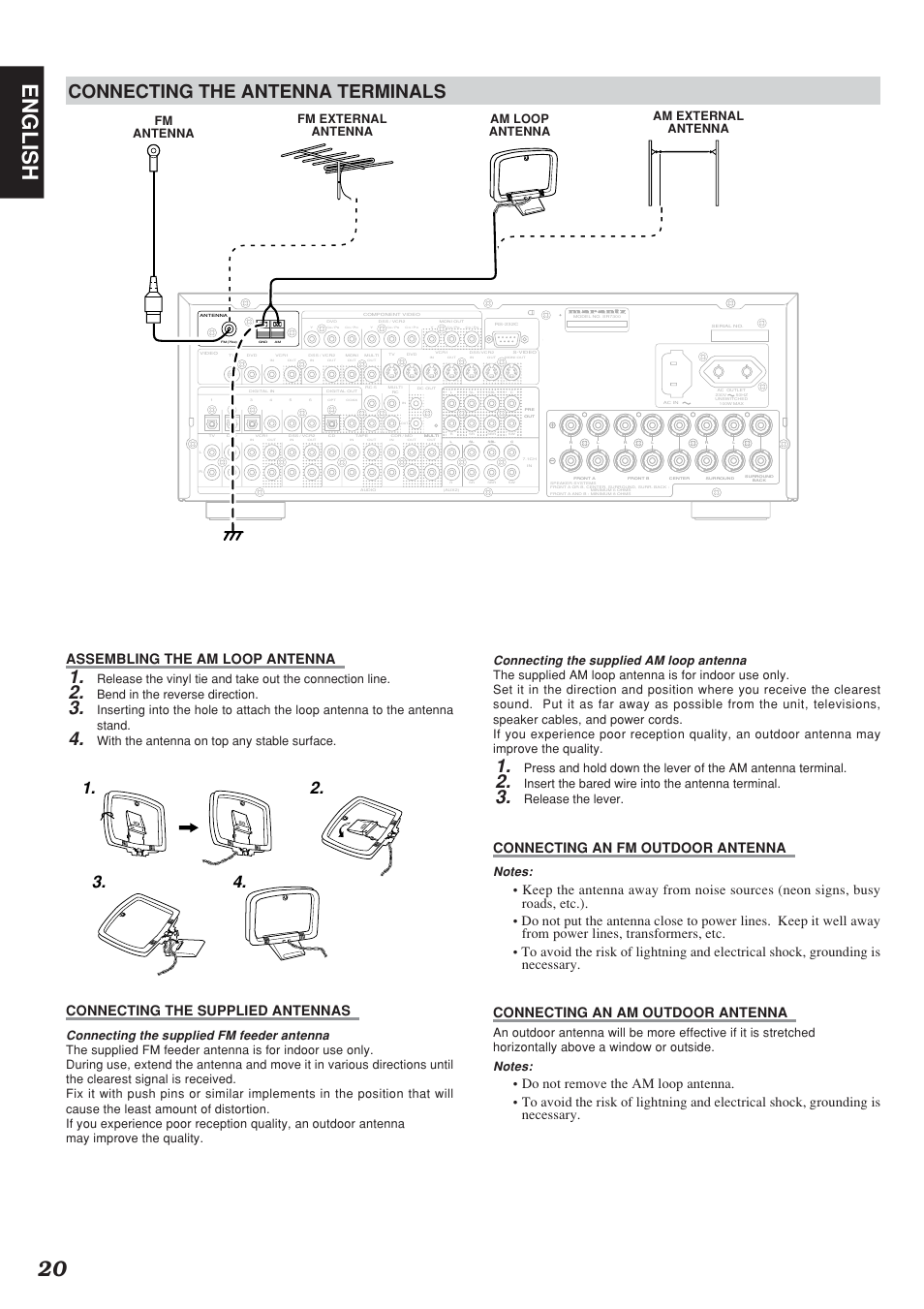 20 english, Connecting the antenna terminals, Assembling the am loop antenna | Connecting the supplied antennas, Connecting an fm outdoor antenna, Connecting the supplied fm feeder antenna, Connecting the supplied am loop antenna, Bend in the reverse direction, With the antenna on top any stable surface, Insert the bared wire into the antenna terminal | Marantz SR7300N User Manual | Page 23 / 54