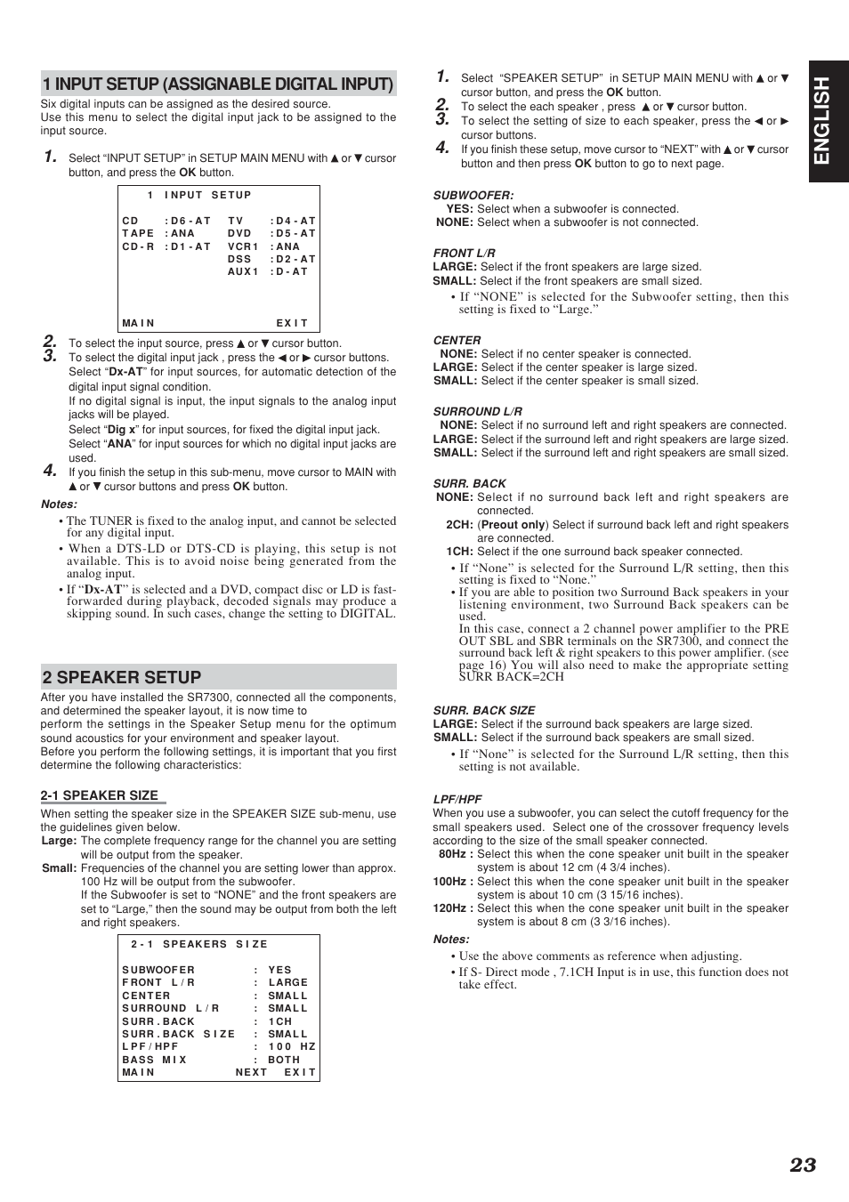 23 english, 1 input setup (assignable digital input), 2 speaker setup | Marantz SR7300N User Manual | Page 26 / 54