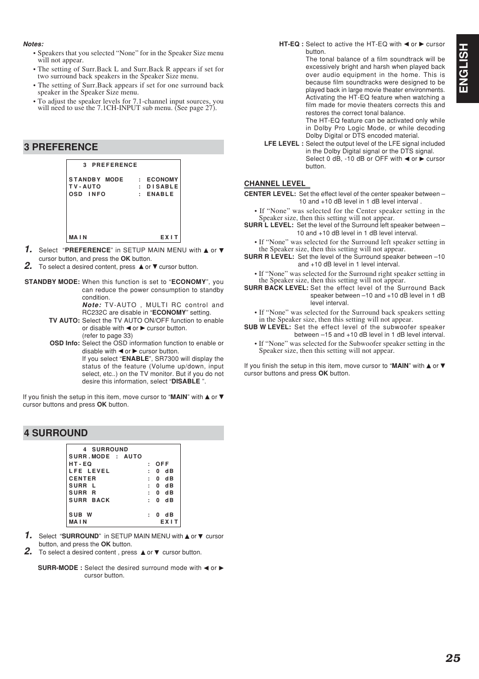25 english, 3 preference 1, 4 surround 1 | Marantz SR7300N User Manual | Page 28 / 54