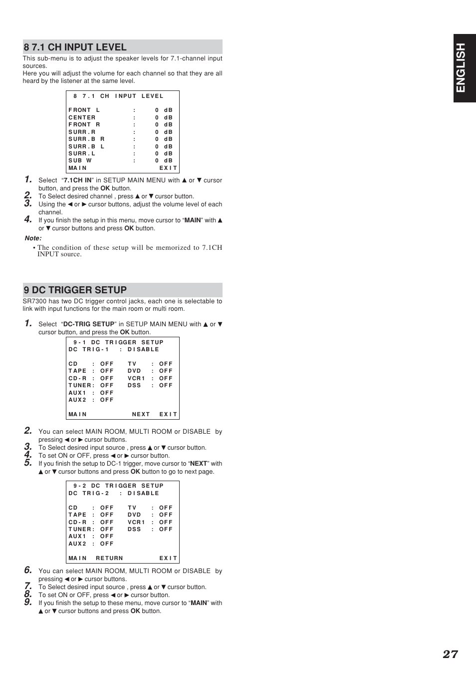 27 english, 8 7.1 ch input level, 9 dc trigger setup | Marantz SR7300N User Manual | Page 30 / 54