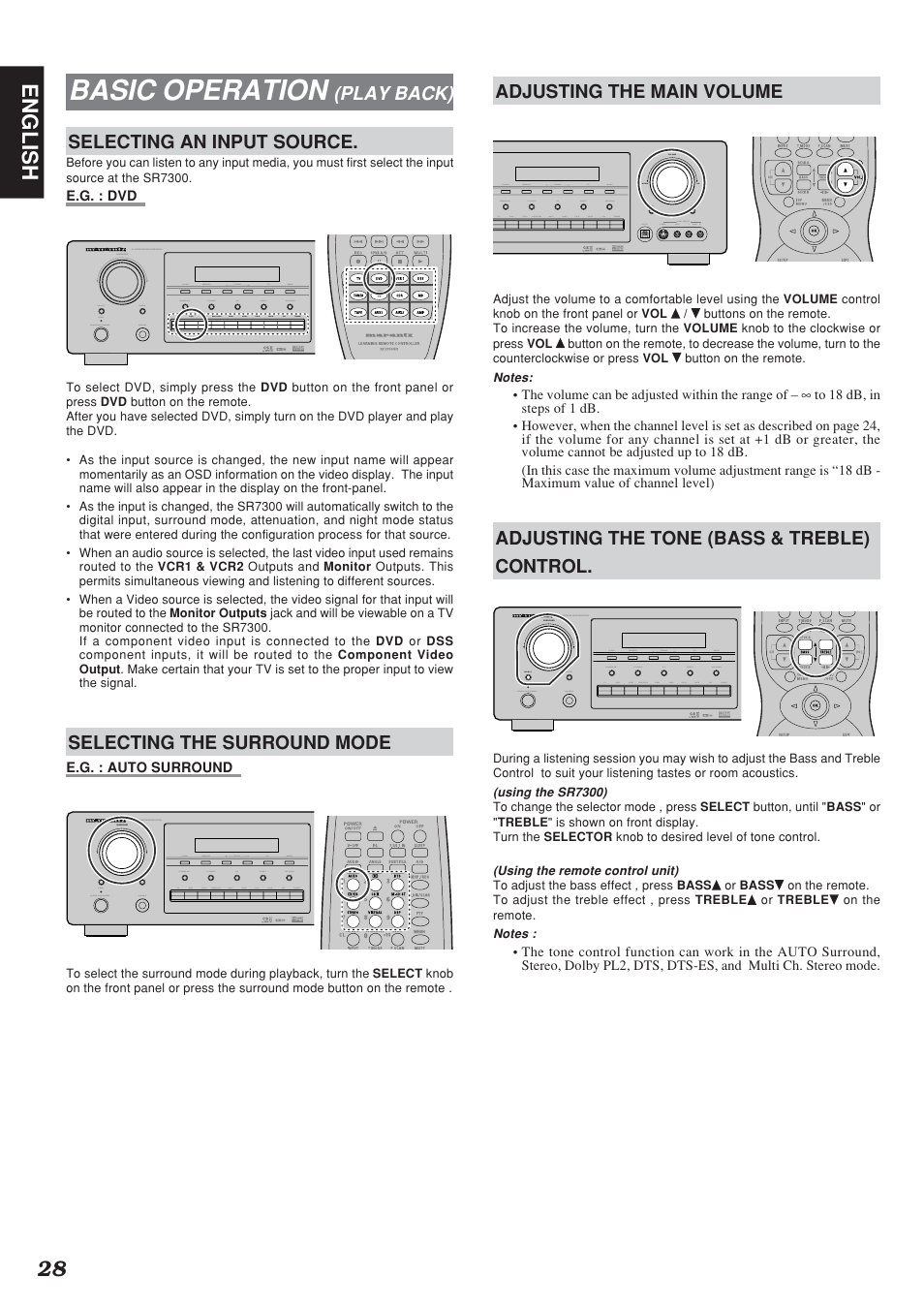 Basic operation, 28 english, Play back) selecting an input source | Selecting the surround mode, Adjusting the main volume, Adjusting the tone (bass & treble) control | Marantz SR7300N User Manual | Page 31 / 54