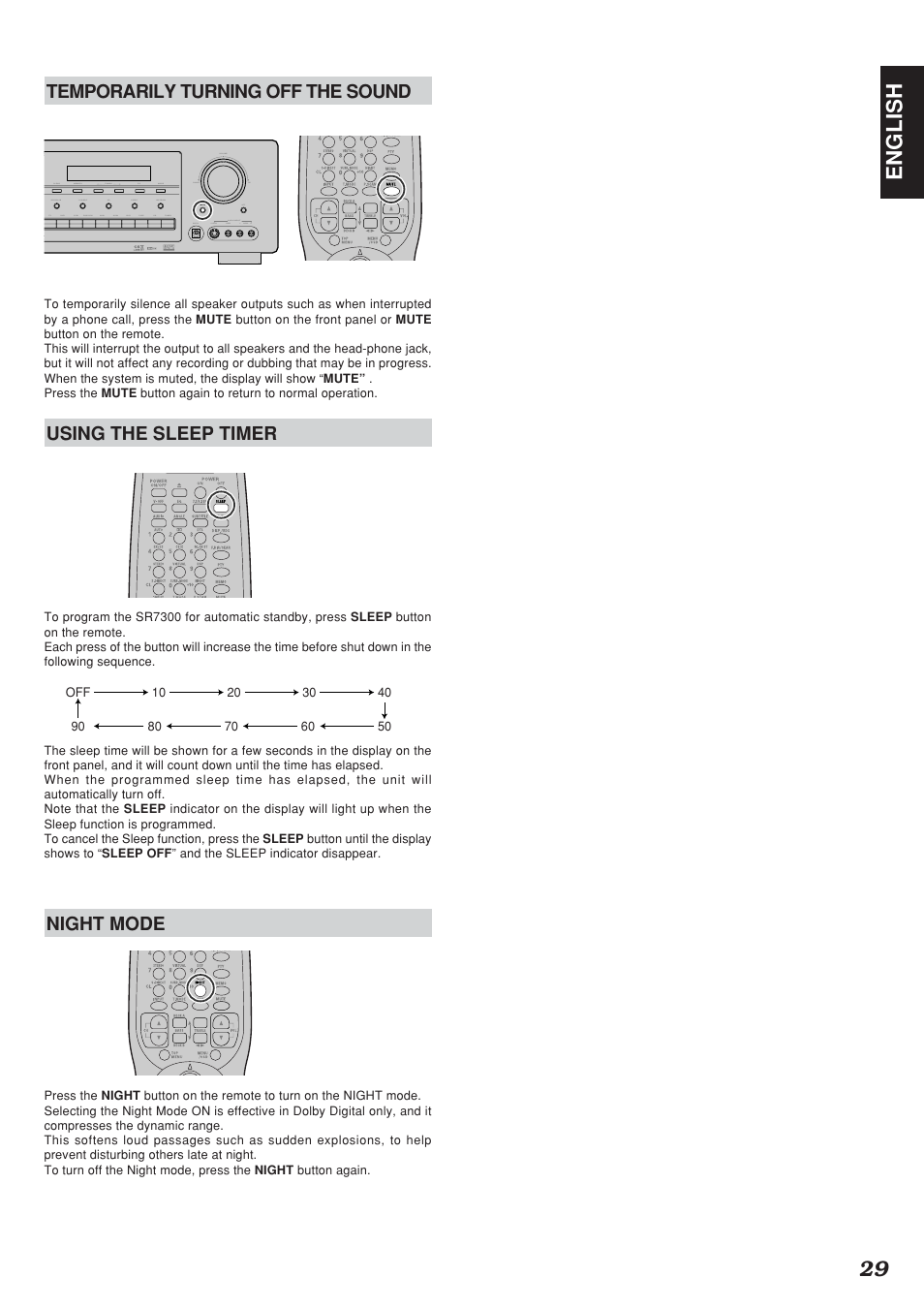 29 english, Temporarily turning off the sound, Using the sleep timer | Night mode | Marantz SR7300N User Manual | Page 32 / 54