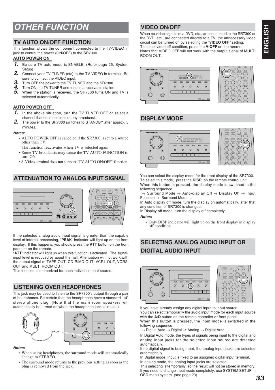 Other function, 33 english, Tv auto on/off function | Attenuation to analog input signal, Listening over headphones, Video on/off, Display mode | Marantz SR7300N User Manual | Page 36 / 54