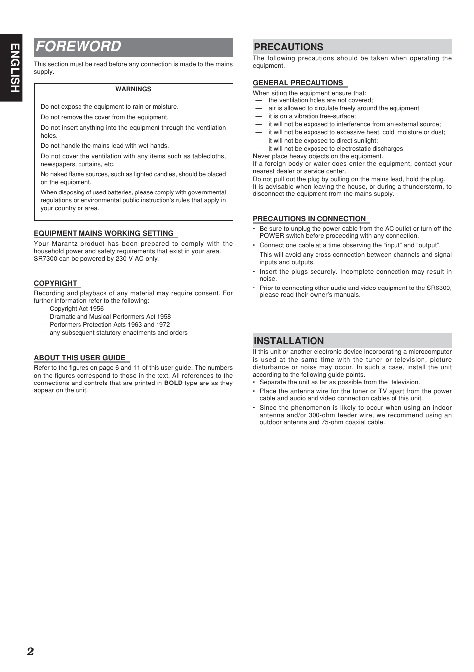 Foreword, 2english, Precautions | Installation | Marantz SR7300N User Manual | Page 5 / 54