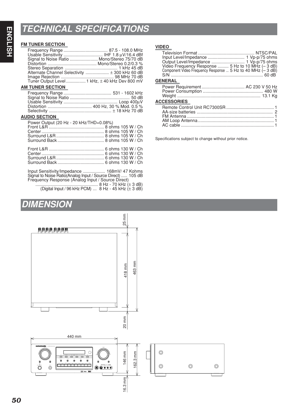 Technical specifications, Dimension, 50 english | Marantz SR7300N User Manual | Page 53 / 54