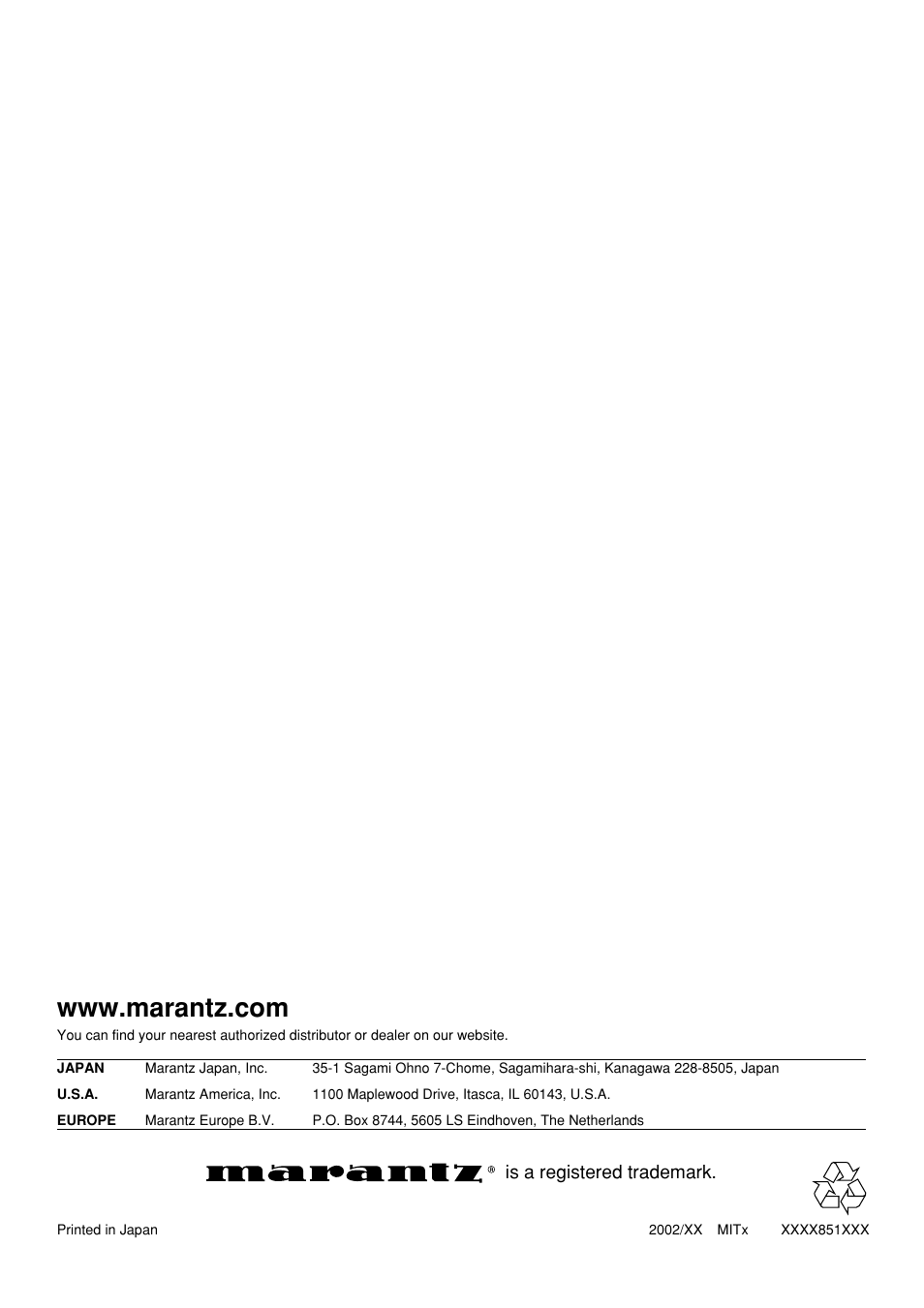 Is a registered trademark | Marantz SR7300N User Manual | Page 54 / 54