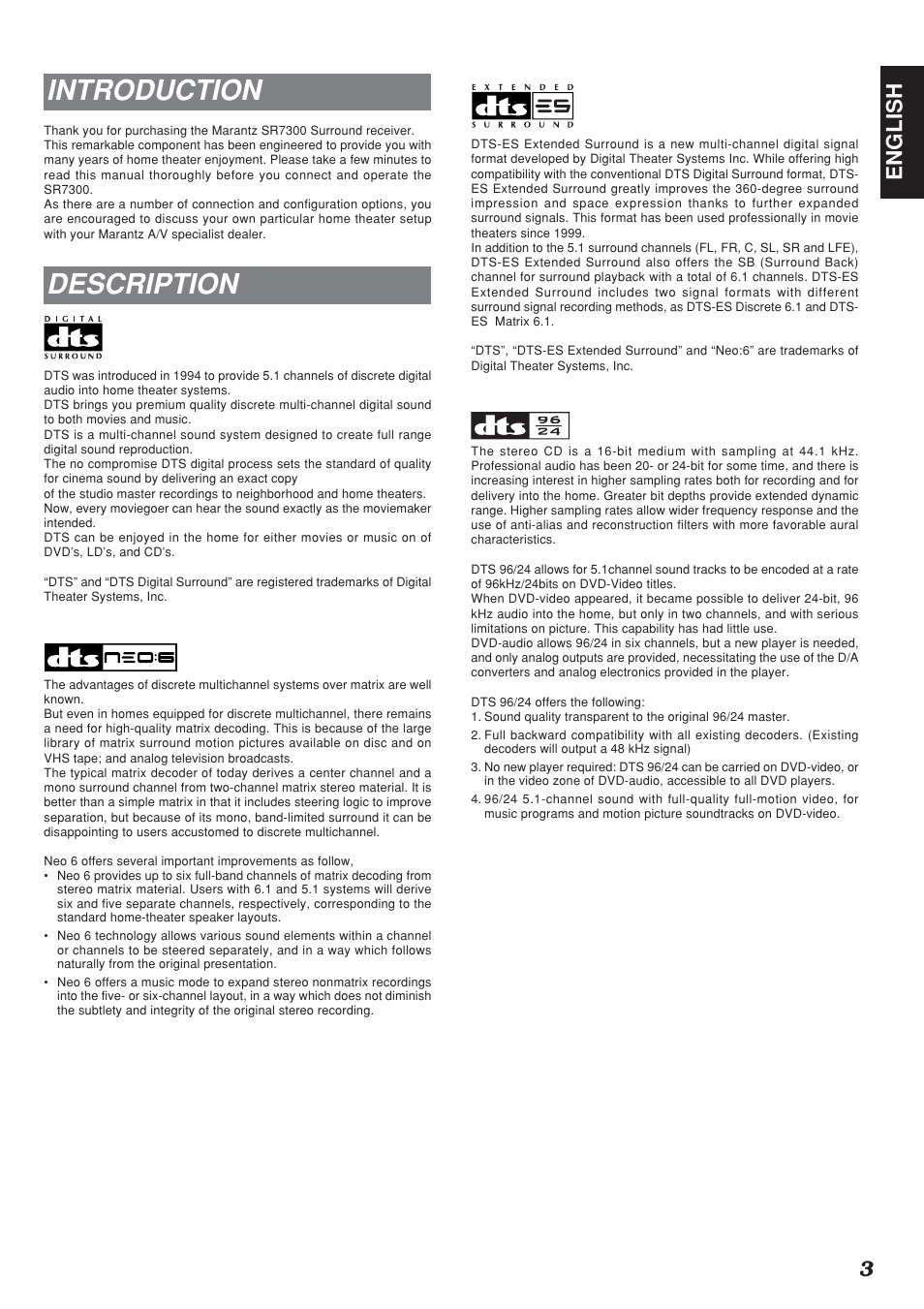 Introduction, Description, 3english | Marantz SR7300N User Manual | Page 6 / 54