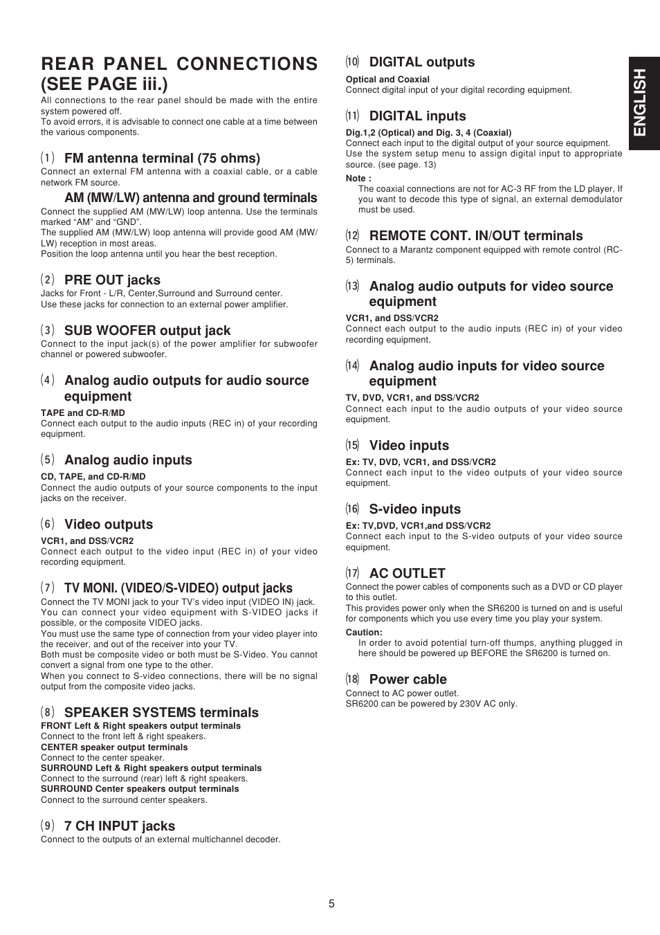 Rear panel connections (see page iii.), English | Marantz SR6200N User Manual | Page 11 / 32
