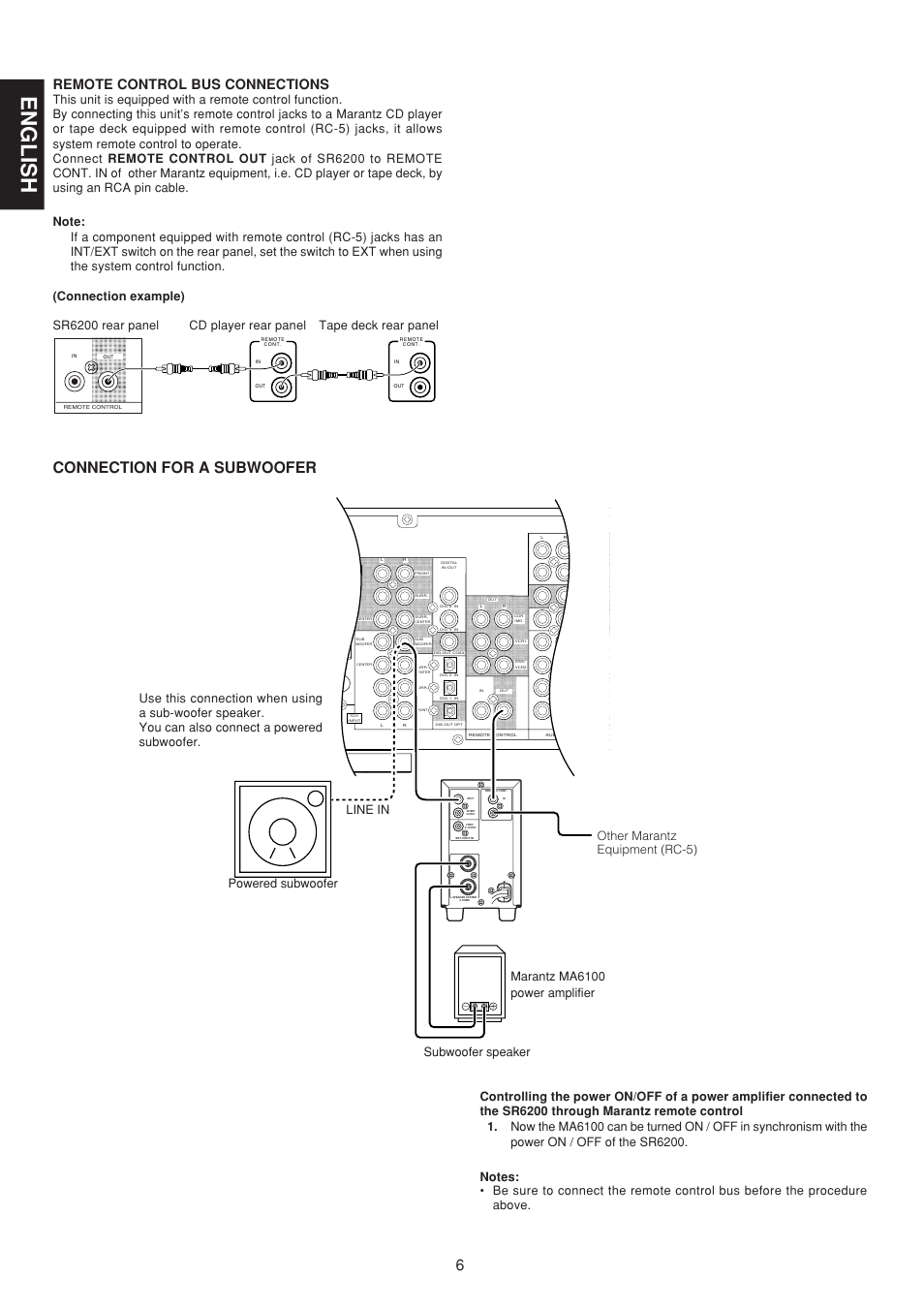 English, Connection for a subwoofer, Remote control bus connections | Marantz SR6200N User Manual | Page 12 / 32