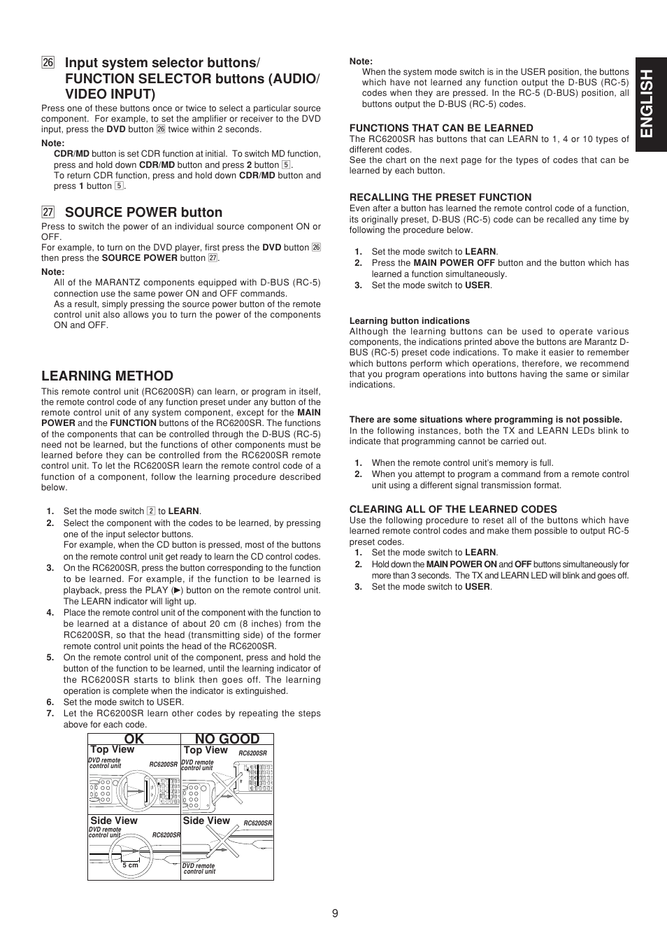 English, 7 source power button, Learning method | Ok no good | Marantz SR6200N User Manual | Page 15 / 32