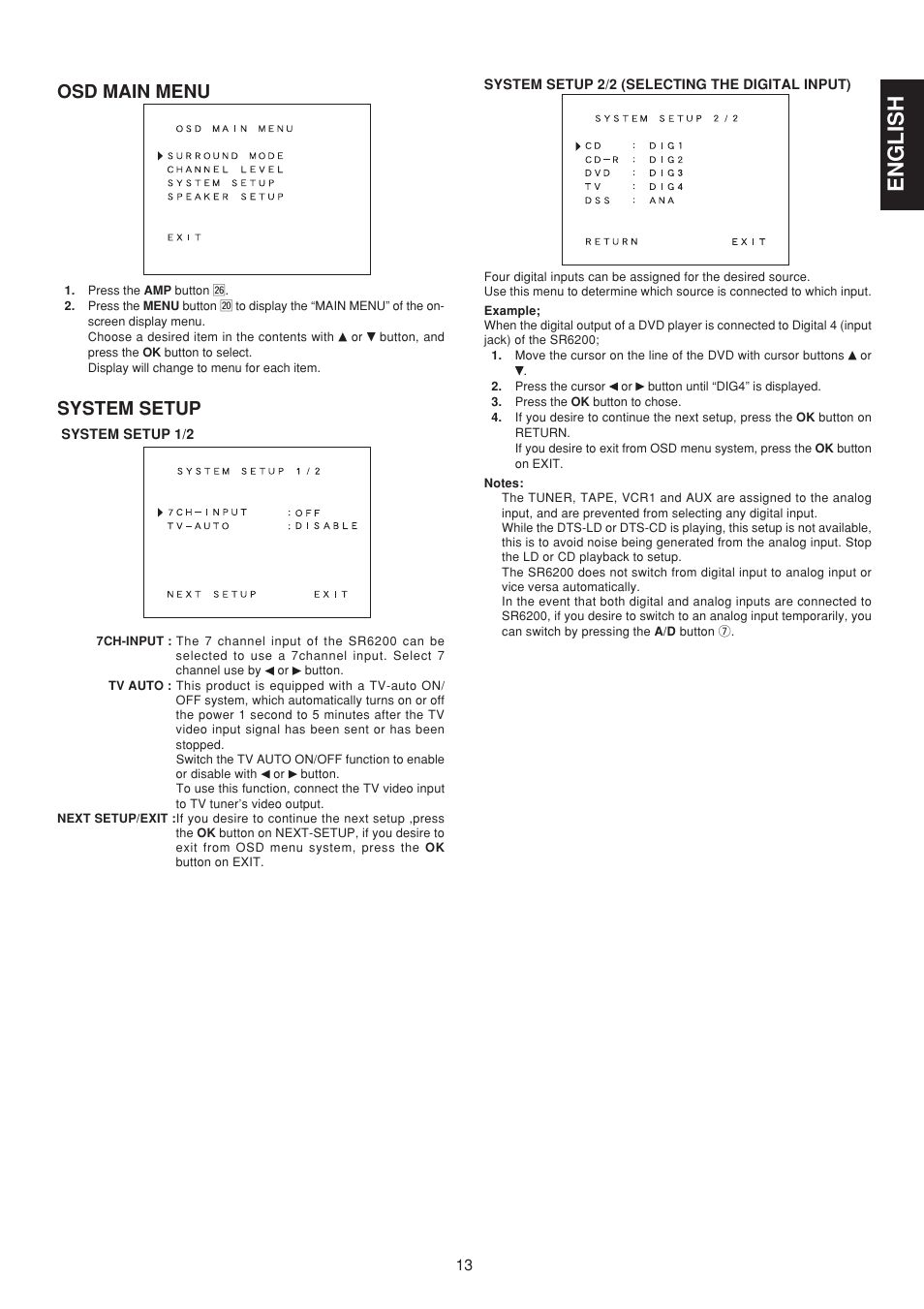 English, Osd main menu, System setup | Marantz SR6200N User Manual | Page 19 / 32