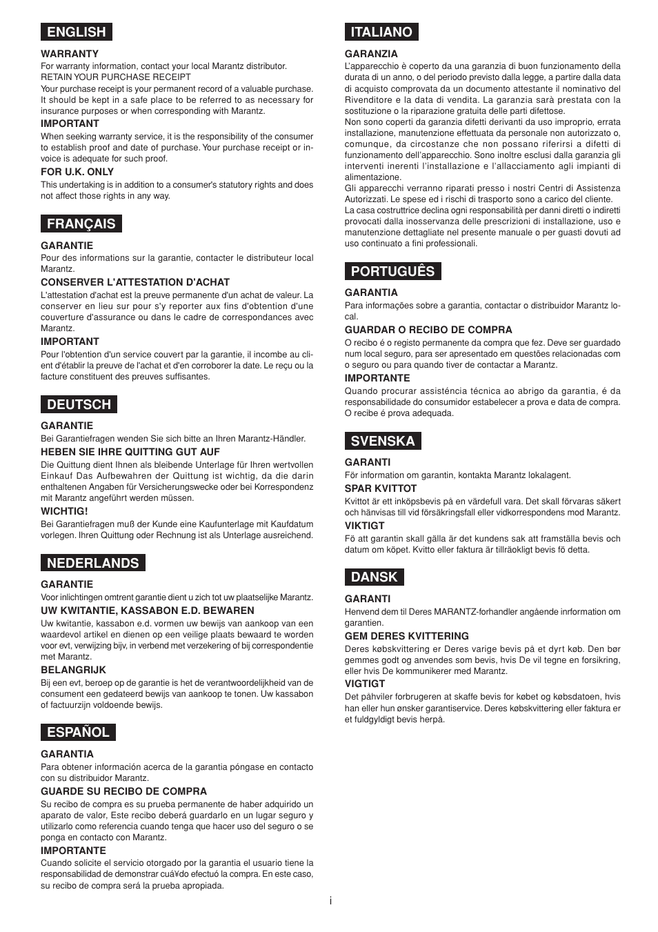 English, Français, Deutsch | Nederlands, Español, Italiano, Português, Svenska, Dansk | Marantz SR6200N User Manual | Page 2 / 32