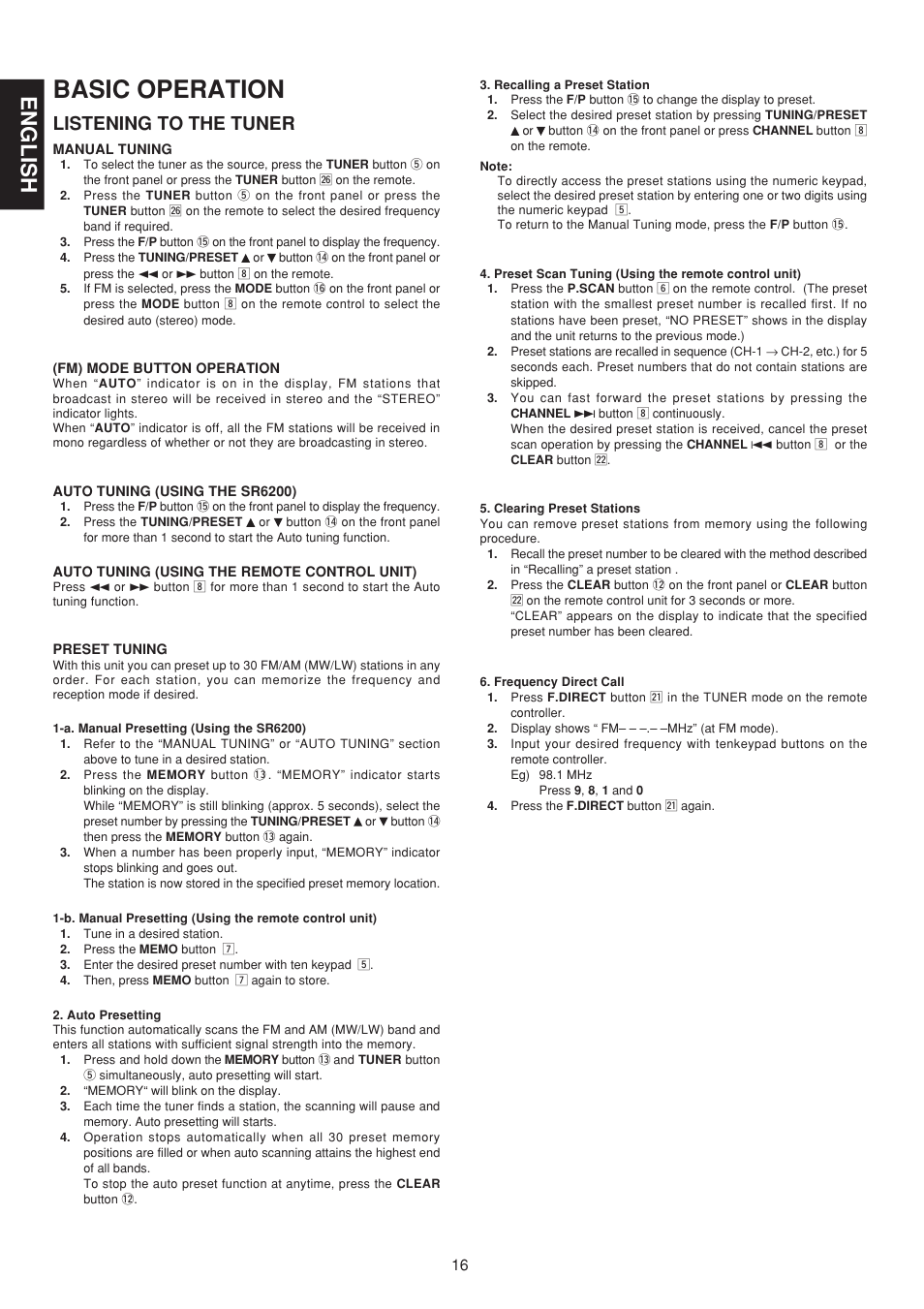 Basic operation, English, Listening to the tuner | Marantz SR6200N User Manual | Page 22 / 32